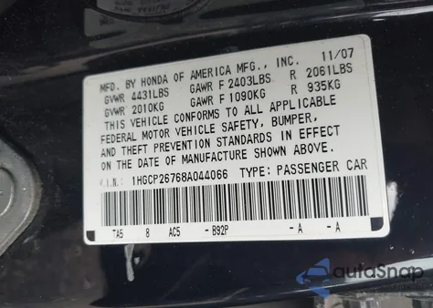 2008 Honda Accord 2.4 Ex from USA, damaged, VIN 1HGCP26768A044066